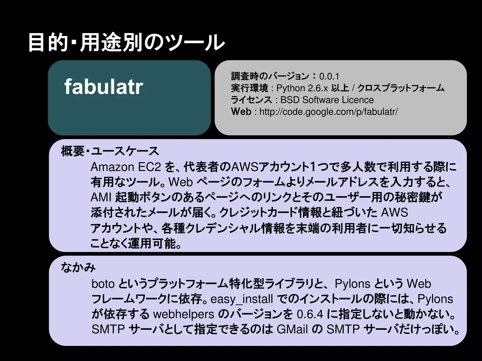 目的・用途別のツール
                    調査時のバージョン ： 0.0.1
                    実行環境 : Python 2.6.x 以上 / クロスプラットフォーム
                    ライセンス : BSD Software Licence
                    Ｗｅｂ : http://code.google.com/p/fabulatr/



 概要・ユースケース
    Amazon EC2 を、代表者のAWSアカウント１つで多人数で利用する際に
    有用なツール。Web ページのフォームよりメールアドレスを入力すると、
    AMI 起動ボタンのあるページへのリンクとそのユーザー用の秘密鍵が
    添付されたメールが届く。クレジットカード情報と紐づいた AWS
    アカウントや、各種クレデンシャル情報を末端の利用者に一切知らせる
    ことなく運用可能。

 なかみ
    boto というプラットフォーム特化型ライブラリと、 Pylons という Web
    フレームワークに依存。easy_install でのインストールの際には、Pylons
    が依存する webhelpers のバージョンを 0.6.4 に指定しないと動かない。
    SMTP サーバとして指定できるのは GMail の SMTP サーバだけっぽい。
 