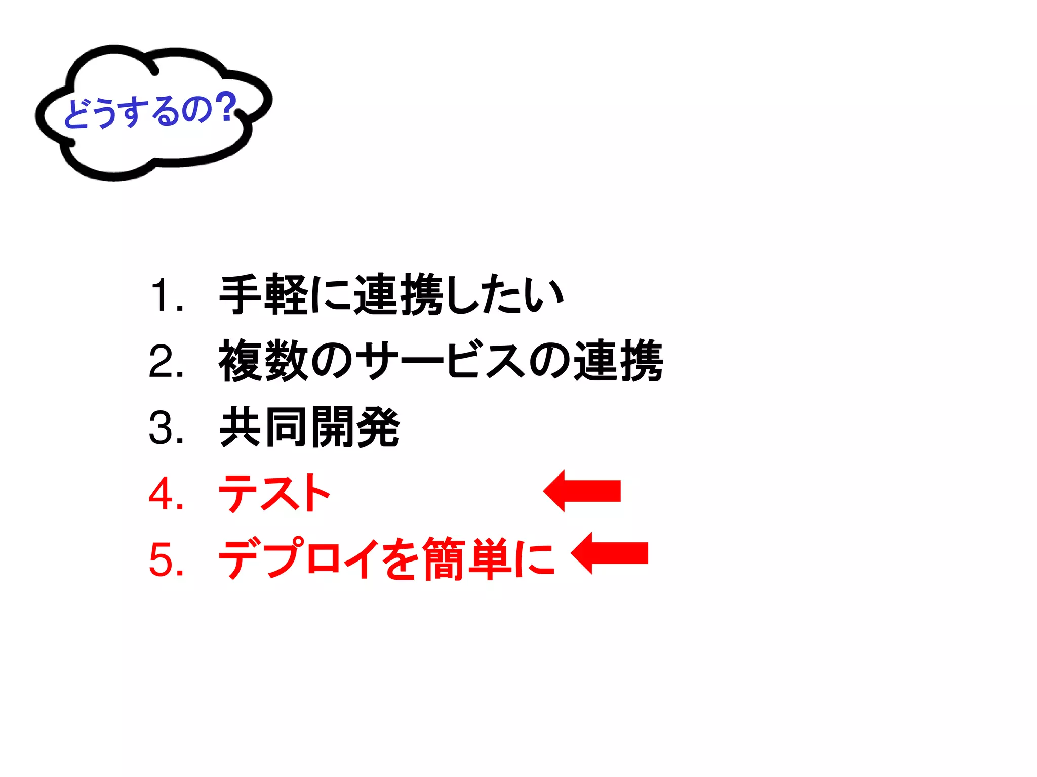 どうするの?




  1.   手軽に連携したい
  2.   複数のサービスの連携
  3.   共同開発
  4.   テスト
  5.   デプロイを簡単に
 
