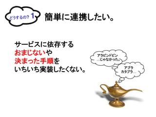 どうするの?   1   簡単に連携したい。


 サービスに依存する
 おまじないや            アラビンドビン
                   &hellip;じゃなかった。
 決まった手順を
                               アブラ
 いちいち実装したくない。                 カタブラ&hellip;
 