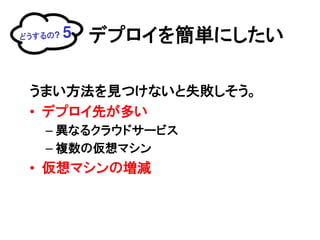 どうするの?   5   デプロイを簡単にしたい

 うまい方法を見つけないと失敗しそう。
 &bull; デプロイ先が多い
   &ndash; 異なるクラウドサービス
   &ndash; 複数の仮想マシン
 &bull; 仮想マシンの増減
 