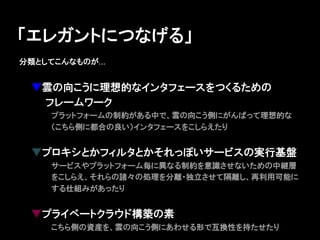 「エレガントにつなげる」
分類としてこんなものが...


 ▼雲の向こうに理想的なインタフェースをつくるための
 　　フレームワーク
     プラットフォームの制約がある中で、雲の向こう側にがんばって理想的な
     （こちら側に都合の良い）インタフェースをこしらえたり


 ▼プロキシとかフィルタとかそれっぽいサービスの実行基盤
     サービスやプラットフォーム毎に異なる制約を意識させないための中継層
     をこしらえ、それらの諸々の処理を分離・独立させて隔離し、再利用可能に
     する仕組みがあったり


 ▼プライベートクラウド構築の素
     こちら側の資産を、雲の向こう側にあわせる形で互換性を持たせたり
 