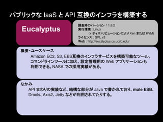 パブリックな IaaS と API 互換のインフラを構築する
                    調査時のバージョン ： 1.6.2
                    実行環境 : Linux
                    　　　　　(+ ディストリビューションにより Xen または KVM)
                    ライセンス : GPL v3
                    Ｗｅｂ : http://eucalyptus.cs.ucsb.edu/


  概要・ユースケース
     Amazon EC2, S3, EBS互換のインフラサービスを構築可能なツール。
     コマンドラインツールに加え、設定管理用の Web アプリケーションも
     利用できる。NASA での採用実績がある。



  なかみ
    API まわりの実装など、結構な部分が Java で書かれており、mule ESB、
    Drools、Axis2、Jetty などが利用されてたりする。
 
