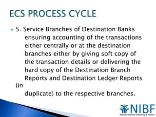 

5. Service Branches of Destination Banks
ensuring accounting of the transactions
either centrally or at the destination
branches either by giving soft copy of
the transaction details or delivering the
hard copy of the Destination Branch
Reports and Destination Ledger Reports
(in
duplicate) to the respective branches.

 