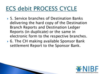 



5. Service branches of Destination Banks
delivering the hard copy of the Destination
Branch Reports and Destination Ledger
Reports (in duplicate) or the same in
electronic form to the respective branches.
6. The CH making available Sponsor Bank
settlement Report to the Sponsor Bank.

 