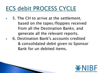 



5. The CH to arrive at the settlement,
based on the tapes/floppies received
from all the Destination Banks; and
generate all the relevant reports.
6. Destination Bank's accounts credited
& consolidated debit given to Sponsor
Bank for un debited items.

 