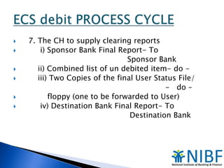 








7. The CH to supply clearing reports
i) Sponsor Bank Final Report- To
Sponsor Bank
ii) Combined list of un debited item- do iii) Two Copies of the final User Status File/
- do –
floppy (one to be forwarded to User)
iv) Destination Bank Final Report- To
Destination Bank

 