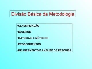 Divisão Básica da Metodologia CLASSIFICAÇÃO SUJEITOS  MATERIAIS E MÉTODOS PROCEDIMENTOS DELINEAMENTO E ANÁLISE DA PESQUISA 