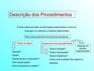 Descrição dos Procedimentos É onde coloca-se todas as informações relacionadas a como se empregou os materiais e métodos selecionados Para evitar possíveis erros deve-se questionar:  Coleta de dados Quando? Onde? Quanto tempo é necessário? Tem estudo piloto? Como armazenar os dados? Planejamento dos procedimentos Utilizado em estudos experimentais Qual a duração? Qual a intensidade? Qual a freqüência? Como será a adesão dos sujeitos a pesquisa 