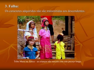 3. Falha:
Os caracteres adquiridos não são transmitidas aos descendentes.
Tribo Mursi na África – as crianças não nascem com este pecoço longo.
 