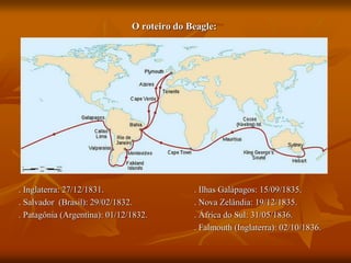 O roteiro do Beagle:
. Inglaterra: 27/12/1831. . Ilhas Galápagos: 15/09/1835.
. Salvador (Brasil): 29/02/1832. . Nova Zelândia: 19/12/1835.
. Patagônia (Argentina): 01/12/1832. . África do Sul: 31/05/1836.
. Falmouth (Inglaterra): 02/10/1836.
 