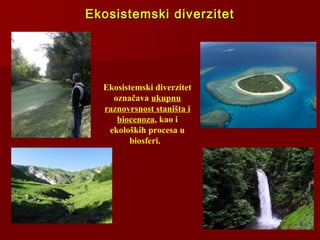 Ekosistemski diverzitetEkosistemski diverzitet
Ekosistemski diverzitet
označava ukupnu
raznovrsnost staništa i
biocenoza, kao i
ekoloških procesa u
biosferi.
 
