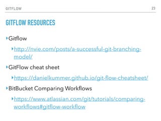 GITFLOW
GITFLOW RESOURCES
‣Gitﬂow
‣http://nvie.com/posts/a-successful-git-branching-
model/
‣GitFlow cheat sheet
‣https://danielkummer.github.io/git-ﬂow-cheatsheet/
‣BitBucket Comparing Workﬂows
‣https://www.atlassian.com/git/tutorials/comparing-
workﬂows#gitﬂow-workﬂow
23
 