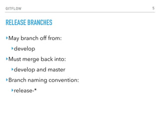 GITFLOW
RELEASE BRANCHES
‣May branch off from:
‣develop
‣Must merge back into:
‣develop and master
‣Branch naming convention:
‣release-*
5
 
