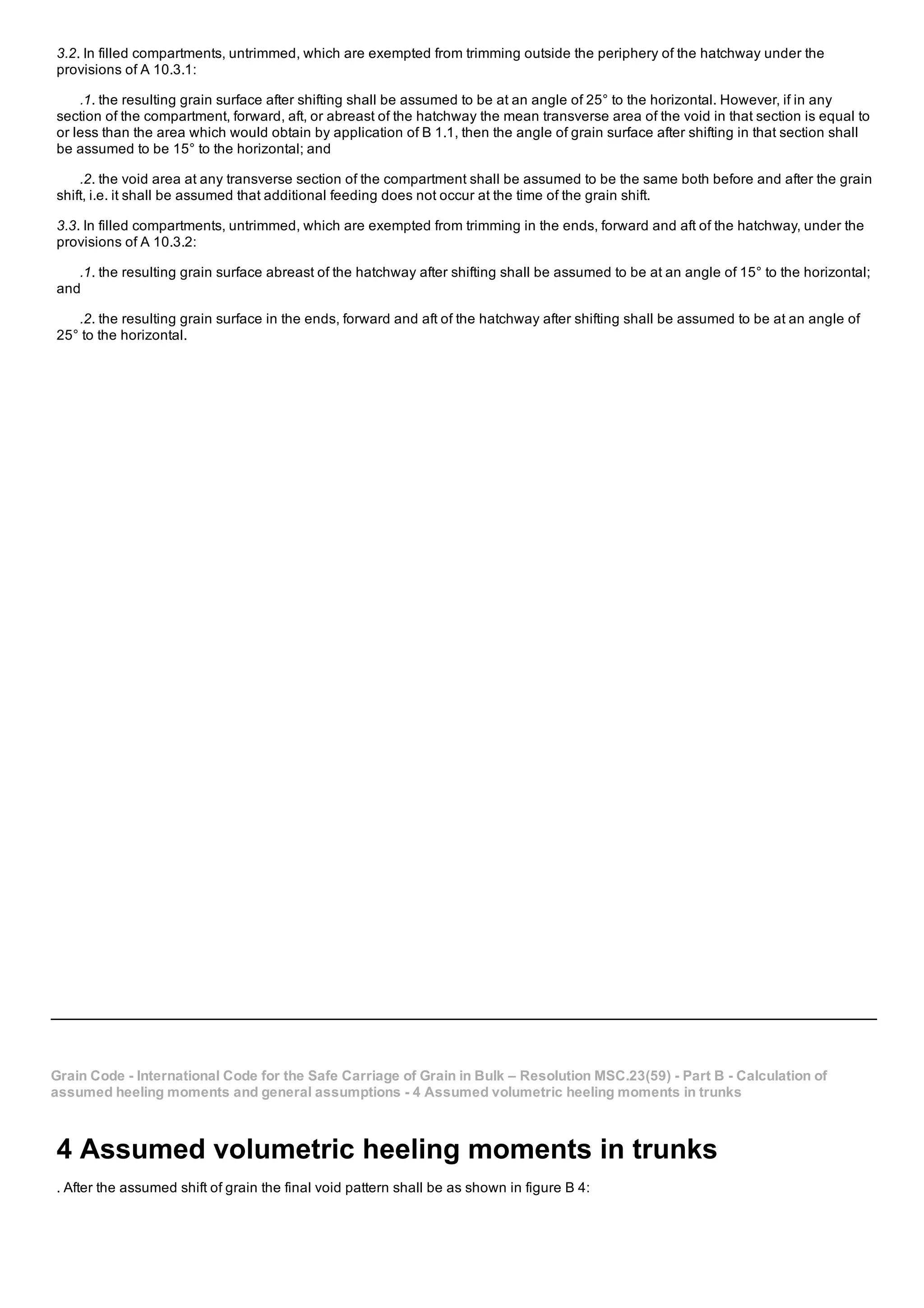 3.2. In filled compartments, untrimmed, which are exempted from trimming outside the periphery of the hatchway under the
provisions of A 10.3.1:
.1. the resulting grain surface after shifting shall be assumed to be at an angle of 25° to the horizontal. However, if in any
section of the compartment, forward, aft, or abreast of the hatchway the mean transverse area of the void in that section is equal to
or less than the area which would obtain by application of B 1.1, then the angle of grain surface after shifting in that section shall
be assumed to be 15° to the horizontal; and
.2. the void area at any transverse section of the compartment shall be assumed to be the same both before and after the grain
shift, i.e. it shall be assumed that additional feeding does not occur at the time of the grain shift.
3.3. In filled compartments, untrimmed, which are exempted from trimming in the ends, forward and aft of the hatchway, under the
provisions of A 10.3.2:
.1. the resulting grain surface abreast of the hatchway after shifting shall be assumed to be at an angle of 15° to the horizontal;
and
.2. the resulting grain surface in the ends, forward and aft of the hatchway after shifting shall be assumed to be at an angle of
25° to the horizontal.
Grain Code ­ International Code for the Safe Carriage of Grain in Bulk – Resolution MSC.23(59) ­ Part B ­ Calculation of
assumed heeling moments and general assumptions ­ 4 Assumed volumetric heeling moments in trunks
4 Assumed volumetric heeling moments in trunks
. After the assumed shift of grain the final void pattern shall be as shown in figure B 4:
 