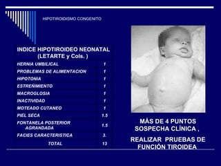 HIPOTIROIDISMO CONGENITO MÁS DE 4 PUNTOS SOSPECHA CLÍNICA ,  REALIZAR  PRUEBAS DE FUNCIÓN TIROIDEA   13 TOTAL  3. FACIES CARACTERISTICA  1.5 FONTANELA POSTERIOR AGRANDADA 1.5 PIEL SECA  1 MOTEADO CUTANEO 1 INACTIVIDAD  1 MACROGLOSIA 1 ESTREÑIMIENTO  1 HIPOTONIA  1 PROBLEMAS DE ALIMENTACION  1 HERNIA UMBILICAL  INDICE HIPOTIROIDEO NEONATAL (LETARTE y Cols. )  
