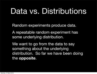 Data vs. Distributions
                    Random experiments produce data.
                    A repeatable random experiment has
                    some underlying distribution.
                    We want to go from the data to say
                    something about the underlying
                    distribution. So far we have been doing
                    the opposite.


Saturday, 27 March 2010
 