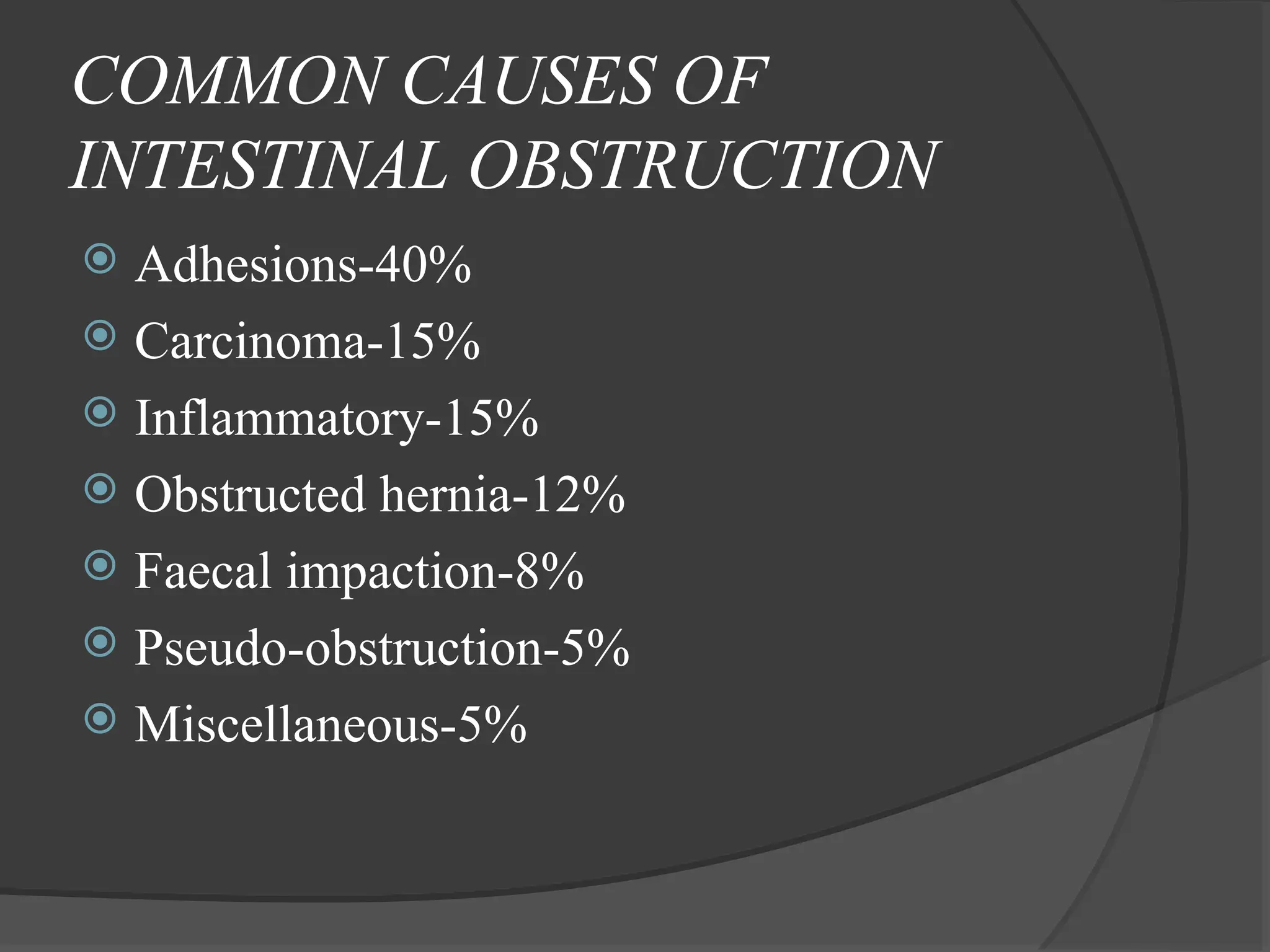 COMMON CAUSES OF
INTESTINAL OBSTRUCTION
 Adhesions-40%
 Carcinoma-15%
 Inflammatory-15%
 Obstructed hernia-12%
 Faecal impaction-8%
 Pseudo-obstruction-5%
 Miscellaneous-5%
 