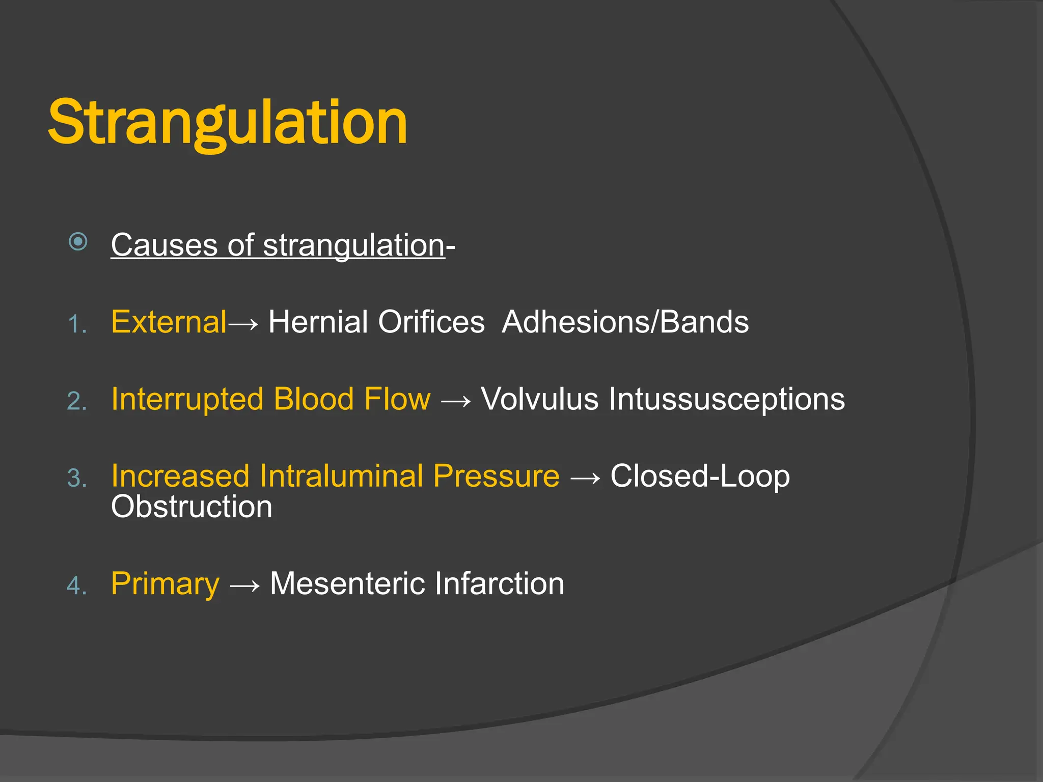  Causes of strangulation-
1. External→ Hernial Orifices Adhesions/Bands
2. Interrupted Blood Flow → Volvulus Intussusceptions
3. Increased Intraluminal Pressure → Closed-Loop
Obstruction
4. Primary → Mesenteric Infarction
Strangulation
 