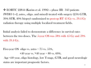  EORTC 22844 (Karim et al. 1996) – phase III: 343 patients
(WHO 1–2, astro., oligo. and mixed) treated with surgery (25% GTR,
30% STR, 40% biopsy) randomized to post-op RT 45 Gy vs. 59.4 Gy
radiation therapy using multiple localized treatment fields.

Initial analysis failed to demonstrate a difference in survival rates
between the two doses. The 5-year OS was 58% with 45 Gy and 59%
with 59.4 Gy.

Five-year OS oligo vs. astro = 75 vs. 55%,
              <40 year vs. >40 year = 80 vs. 60%.
 Age <40 year, oligo histology, low T-stage, GTR, and good neurologic
status are important prognostic factors.
                                                                   34
 