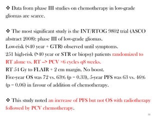 Data from phase III studies on chemotherapy in low-grade
gliomas are scarce.

 The most significant study is the INT/RTOG 9802 trial (ASCO
abstract 2008): phase III of low-grade gliomas.
Low-risk (<40 year + GTR) observed until symptoms.
251 high-risk (>40 year or STR or biopsy) patients randomized to
RT alone vs. RT --> PCV ×6 cycles q8 weeks.
RT 54 Gy to FLAIR + 2 cm margin. No boost.
Five-year OS was 72 vs. 63% (p = 0.33), 5-year PFS was 63 vs. 46%
(p = 0.06) in favour of addition of chemotherapy.

 This study noted an increase of PFS but not OS with radiotherapy
followed by PCV chemotherapy.
                                                                    38
 