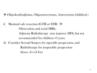 Oligodendroglioma, Oligoastrocytoma, Astrocytoma (children) :

i) Maximal safe resection (GTR or STR) 
           Observation and serial MRIs.
           Adjuvant Radiotherapy may improve DFS, but not
           recommended for children <3 years.
ii) Consider Second Surgery for operable progression, and
            Radiotherapy for inoperable progression
            (doses 45–54 Gy)




                                                                  46
 