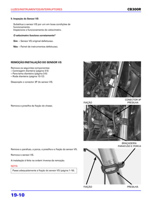 LUZES/INSTRUMENTOS/INTERRUPTORES                                                 CB300R

5. Inspeção do Sensor VS

  Substitua o sensor VS por um em boas condições de
  funcionamento.
  Inspecione o funcionamento do velocímetro.

  O velocímetro funciona corretamente?

  Sim – Sensor VS original defeituoso.

  Não – Painel de instrumentos defeituoso.




REMOÇÃO/INSTALAÇÃO DO SENSOR VS

Remova os seguintes componentes:
– Carenagem dianteira (página 3-5)
– Para-lama dianteiro (página 3-5)
– Roda dianteira (página 13-12)

Desacople o conector 3P do sensor VS.




                                                                               CONECTOR 3P
                                                                  FIAÇÃO        PRESILHA
Remova a presilha da fiação do chassi.




                                                                              BRAÇADEIRA
                                                                           PARAFUSO E PORCA
Remova o parafuso, a porca, a presilha e a fiação do sensor VS.

Remova o sensor VS.

A instalação é feita na ordem inversa da remoção.

NOTA
 Passe adequadamente a fiação do sensor VS (página 1-18).




                                                                  FIAÇÃO         PRESILHA


19-10
 