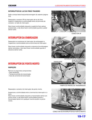 CB300R                                                            LUZES/INSTRUMENTOS/INTERRUPTORES


INTERRUPTOR DE LUZ DO FREIO TRASEIRO

Solte a tampa lateral esquerda/carenagem do assento (página
3-3).

Desacople o conector 3P do interruptor de luz do freio
traseiro e inspecione a continuidade entre os terminais do
conector, no lado do interruptor.

Deve haver continuidade enquanto o pedal do freio estiver
pressionado, e não deve haver continuidade quando o pedal
estiver solto.

                                                                                     CONECTOR 3P


INTERRUPTOR DA EMBREAGEM
Desacople os conectores do interruptor da embreagem e
inspecione a continuidade entre os terminais do interruptor.

Deve haver continuidade enquanto a alavanca da embreagem
estiver acionada, e não deve haver continuidade quando a
alavanca estiver solta.




                                                                             INTERRUPTOR DA EMBREAGEM
                                                                                      GUIA DA CORRENTE
                                                                 PARAFUSOS            DE TRANSMISSÃO
INTERRUPTOR DE PONTO MORTO
INSPEÇÃO

Remova os seguintes componentes:
– Dois parafusos
– Tampa do pinhão de transmissão
– Guia da corrente de transmissão




                                                                        TAMPA DO PINHÃO DE TRANSMISSÃO

Desacople o conector do interruptor de ponto morto.

Inspecione a continuidade entre o terminal do interruptor e o
terra.
Deve haver continuidade enquanto a transmissão estiver em
ponto morto, e não deve haver continuidade quando a
transmissão estiver em qualquer marcha exceto no ponto
morto.




                                                                CONECTOR DO INTERRUPTOR DE PONTO MORTO


                                                                                            19-17
 