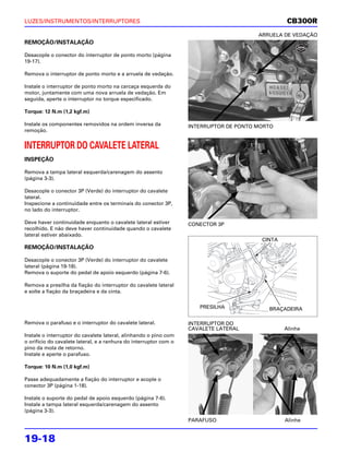 LUZES/INSTRUMENTOS/INTERRUPTORES                                                                  CB300R
                                                                                        ARRUELA DE VEDAÇÃO
REMOÇÃO/INSTALAÇÃO

Desacople o conector do interruptor de ponto morto (página
19-17).

Remova o interruptor de ponto morto e a arruela de vedação.

Instale o interruptor de ponto morto na carcaça esquerda do
motor, juntamente com uma nova arruela de vedação. Em
seguida, aperte o interruptor no torque especificado.

Torque: 12 N.m (1,2 kgf.m)

Instale os componentes removidos na ordem inversa da               INTERRUPTOR DE PONTO MORTO
remoção.


INTERRUPTOR DO CAVALETE LATERAL
INSPEÇÃO

Remova a tampa lateral esquerda/carenagem do assento
(página 3-3).

Desacople o conector 3P (Verde) do interruptor do cavalete
lateral.
Inspecione a continuidade entre os terminais do conector 3P,
no lado do interruptor.

Deve haver continuidade enquanto o cavalete lateral estiver        CONECTOR 3P
recolhido. E não deve haver continuidade quando o cavalete
lateral estiver abaixado.
                                                                                         CINTA
REMOÇÃO/INSTALAÇÃO

Desacople o conector 3P (Verde) do interruptor do cavalete
lateral (página 19-18).
Remova o suporte do pedal de apoio esquerdo (página 7-6).

Remova a presilha da fiação do interruptor do cavalete lateral
e solte a fiação da braçadeira e da cinta.


                                                                      PRESILHA             BRAÇADEIRA

Remova o parafuso e o interruptor do cavalete lateral.             INTERRUPTOR DO
                                                                   CAVALETE LATERAL              Alinhe
Instale o interruptor do cavalete lateral, alinhando o pino com
o orifício do cavalete lateral, e a ranhura do interruptor com o
pino da mola de retorno.
Instale e aperte o parafuso.

Torque: 10 N.m (1,0 kgf.m)

Passe adequadamente a fiação do interruptor e acople o
conector 3P (página 1-18).

Instale o suporte do pedal de apoio esquerdo (página 7-6).
Instale a tampa lateral esquerda/carenagem do assento
(página 3-3).
                                                                   PARAFUSO                      Alinhe


19-18
 