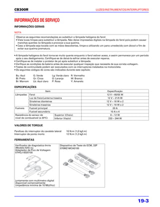 CB300R                                                                 LUZES/INSTRUMENTOS/INTERRUPTORES



INFORMAÇÕES DE SERVIÇO
INFORMAÇÕES GERAIS

NOTA
 Observe as seguintes recomendações ao substituir a lâmpada halógena do farol:
 • Vista luvas limpas para substituir a lâmpada. Não deixe impressões digitais na lâmpada do farol pois podem causar
   manchas quentes na lâmpada e provocar a sua queima.
 • Caso a lâmpada seja tocada com as mãos descobertas, limpe-a utilizando um pano umedecido com álcool a fim de
   evitar sua queima prematura.

• A lâmpada halógena do farol torna-se muito quente enquanto o farol estiver aceso, e assim permanece por um período
  após o seu desligamento. Certifique-se de deixá-la esfriar antes de executar reparos.
• Certifique-se de instalar o protetor de pó após substituir a lâmpada.
• Verifique as condições da bateria antes de executar qualquer inspeção que necessite de sua correta voltagem.
• Testes de continuidade podem ser executados com os interruptores instalados na motocicleta.
• Os seguintes códigos de cores são indicados durante este capítulo:

 Bu: Azul        G: Verde          Lg: Verde claro R: Vermelho
 Bl: Preto       Gr: Cinza         O: Laranja      W: Branco
 Br: Marrom      Lb: Azul claro    P: Rosa         Y: Amarelo

ESPECIFICAÇÕES
                            Item                                                 Especificação
Lâmpadas     Farol                                                              12 V – 60/55 W
             Luz de freio/Lanterna traseira                                      12 V – 21/5 W
             Sinaleiras dianteiras                                              12 V – 16 W x 2
             Sinaleiras traseiras                                               12 V – 16 W x 2
Fusíveis     Fusível principal                                                        20 A
             Fusível secundário                                                     10 A x 4
Resistência do sensor de            Superior (Cheio)                                6 – 12 W
nível de combustível (a 20°C)       Inferior (Vazio)                              233 – 244 W

VALORES DE TORQUE

Parafuso do interruptor do cavalete lateral   10 N.m (1,0 kgf.m)
Interruptor de ponto morto                    12 N.m (1,2 kgf.m)

FERRAMENTAS

Verificador de diagnóstico Imrie         Dispositivo de Teste do ECM, 33P
(Modelo 625) ou                          070MZ-MCA0100
Adaptador de Pico de Voltagem
07HGJ-0020100




juntamente com multímetro digital
disponível comercialmente
(impedância mínima de 10 MΩ/Vcc)




                                                                                                            19-3
 