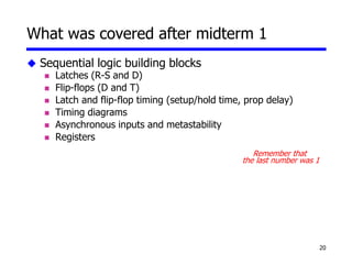20
What was covered after midterm 1
 Sequential logic building blocks
 Latches (R-S and D)
 Flip-flops (D and T)
 Latch and flip-flop timing (setup/hold time, prop delay)
 Timing diagrams
 Asynchronous inputs and metastability
 Registers
Remember that
the last number was 1
 