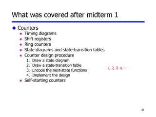 21
What was covered after midterm 1
 Counters
 Timing diagrams
 Shift registers
 Ring counters
 State diagrams and state-transition tables
 Counter design procedure
1. Draw a state diagram
2. Draw a state-transition table
3. Encode the next-state functions
4. Implement the design
 Self-starting counters
1, 2, 3, 4, …
 