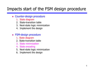 5
Impacts start of the FSM design procedure
 Counter-design procedure
1. State diagram
2. State-transition table
3. Next-state logic minimization
4. Implement the design
 FSM-design procedure
1. State diagram
2. State-transition table
3. State minimization
4. State encoding
5. Next-state logic minimization
6. Implement the design
 