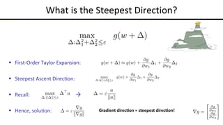 What is the Steepest Direction?
 First-Order Taylor Expansion:
 Steepest Ascent Direction:
 Recall: 
 Hence, solution: Gradient direction = steepest direction!
 