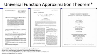 Universal Function Approximation Theorem*
Cybenko (1989) “Approximations by superpositions of sigmoidal functions”
Hornik (1991) “Approximation Capabilities of Multilayer Feedforward Networks”
Leshno and Schocken (1991) ”Multilayer Feedforward Networks with Non-Polynomial Activation
Functions Can Approximate Any Function”
 