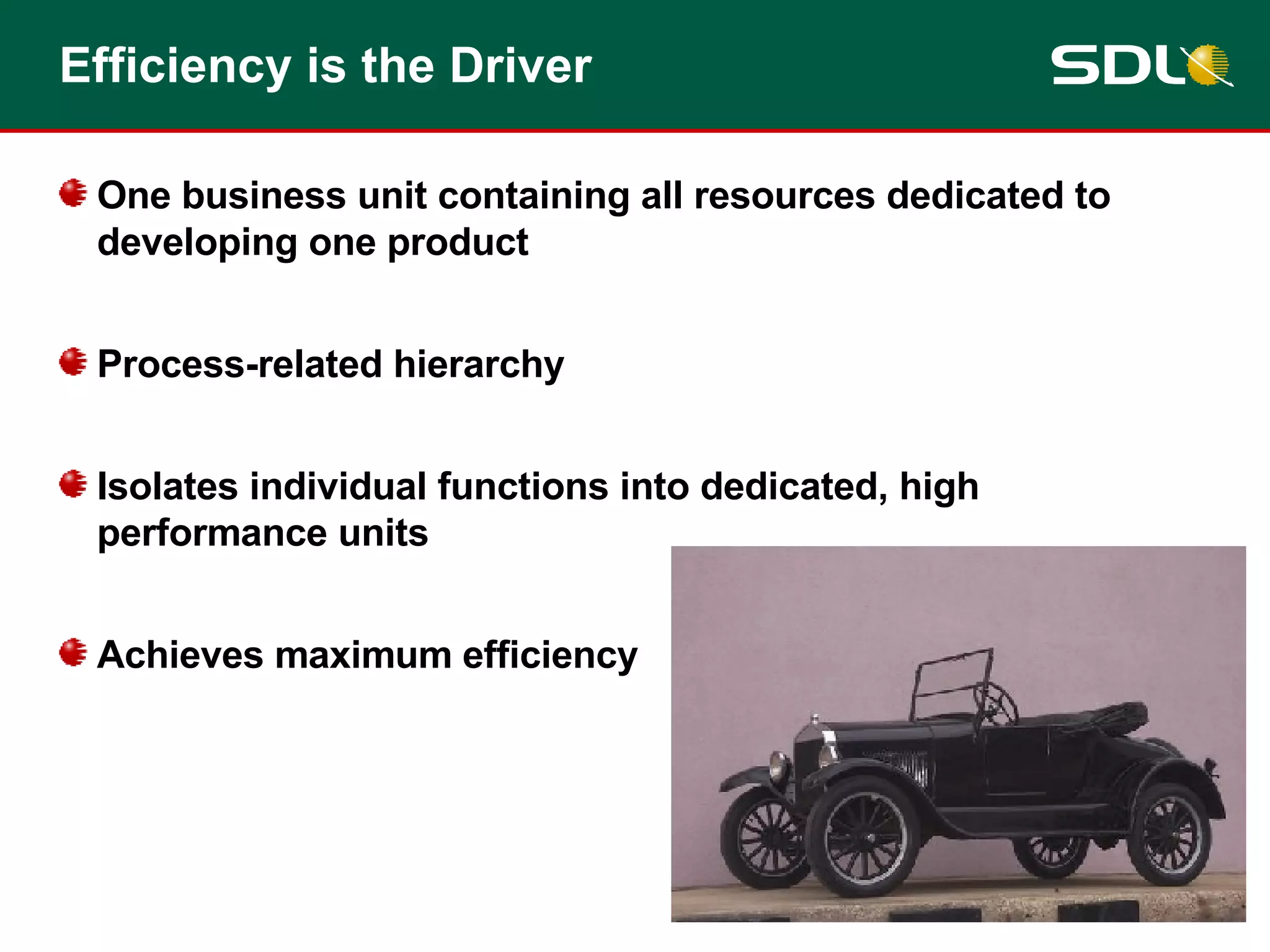 Efficiency is the Driver One business unit containing all resources dedicated to developing one product Process-related hierarchy Isolates individual functions into dedicated, high performance units Achieves maximum efficiency 