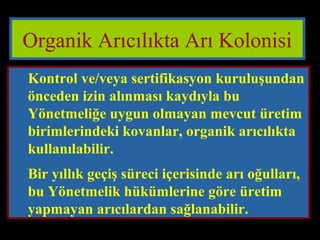 Organik Arıcılıkta Arı Kolonisi 
 Kontrol ve/veya sertifikasyon kuruluşundan 
önceden izin alınması kaydıyla bu 
Yönetmeliğe uygun olmayan mevcut üretim 
birimlerindeki kovanlar, organik arıcılıkta 
kullanılabilir. 
 Bir yıllık geçiş süreci içerisinde arı oğulları, 
bu Yönetmelik hükümlerine göre üretim 
yapmayan arıcılardan sağlanabilir. 
 