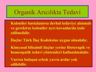 Organik Arıcılıkta Tedavi 
 Koloniler hastalanırsa derhal tedaviye alınmalı 
ve gerekirse koloniler ayrı kovanlarda izole 
edilmelidir. 
 İlaçlar Türk İlaç Kodeksine uygun olmalıdır. 
 Kimyasal bileşimli ilaçlar yerine fitoterapik ve 
homeopatik tedavi yöntemleri kullanılmalıdır. 
 Varroa bulaşan erkek yavru arılar yok 
edilebilir. 
 