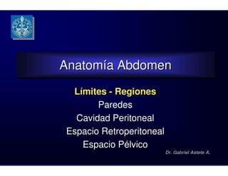 Anatomía Abdomen
Anatomía Abdomen
 Límites - Regiones
       Paredes
  Cavidad Peritoneal
Espacio Retroperitoneal
   Espacio Pélvico
                          Dr. Gabriel Astete A.
 