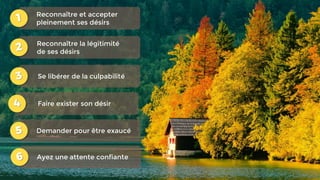 Reconnaître et accepter
pleinement ses désirs
Reconnaître la légitimité
de ses désirs
Se libérer de la culpabilité
Faire exister son désir
Demander pour être exaucé
Ayez une attente confiante
 