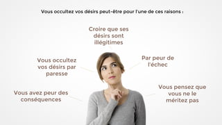 Croire que ses
désirs sont
illégitimes
Par peur de
l’échec
Vous pensez que
vous ne le
méritez pas
Vous avez peur des
conséquences
Vous occultez
vos désirs par
paresse
Vous occultez vos désirs peut-être pour l’une de ces raisons :
 