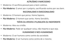 ALTRUÍSMO X NARCISISMO
• Moderno: O sacrifício pessoal para o bem coletivo.
• Pós-Moderno: O amor por si próprio, sacrificando outros por seu bem.
RACIONALISMO X EMOCIONALISMO
• Moderno: O homem que pensa. Homo Sapiens.
• Pós-Moderno: O homem que sente. Homo Sensibilis.
TEÍSTA OU ATEISTA X PLURALISTA OU INDIFERENTE
• Moderno: Ateu ou cristão.
• Pós-Moderno: Pode ser qualquer coisa, não importa o que seja.
HUMANISMO X NEO-HUMANISMO
• Moderno: O ser humano como centro da sociedade.
• Pós-Moderno: O ser humano como centro de si mesmo.
 