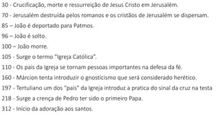 30 - Crucificação, morte e ressurreição de Jesus Cristo em Jerusalém.
70 - Jerusalém destruída pelos romanos e os cristãos de Jerusalém se dispersam.
85 – João é deportado para Patmos.
96 – João é solto.
100 – João morre.
105 - Surge o termo “Igreja Católica”.
110 - Os pais da Igreja se tornam pessoas importantes na defesa da fé.
160 - Márcion tenta introduzir o gnosticismo que será considerado herético.
197 - Tertuliano um dos "pais" da Igreja introduz a pratica do sinal da cruz na testa
218 - Surge a crença de Pedro ter sido o primeiro Papa.
312 - Início da adoração aos santos.
 