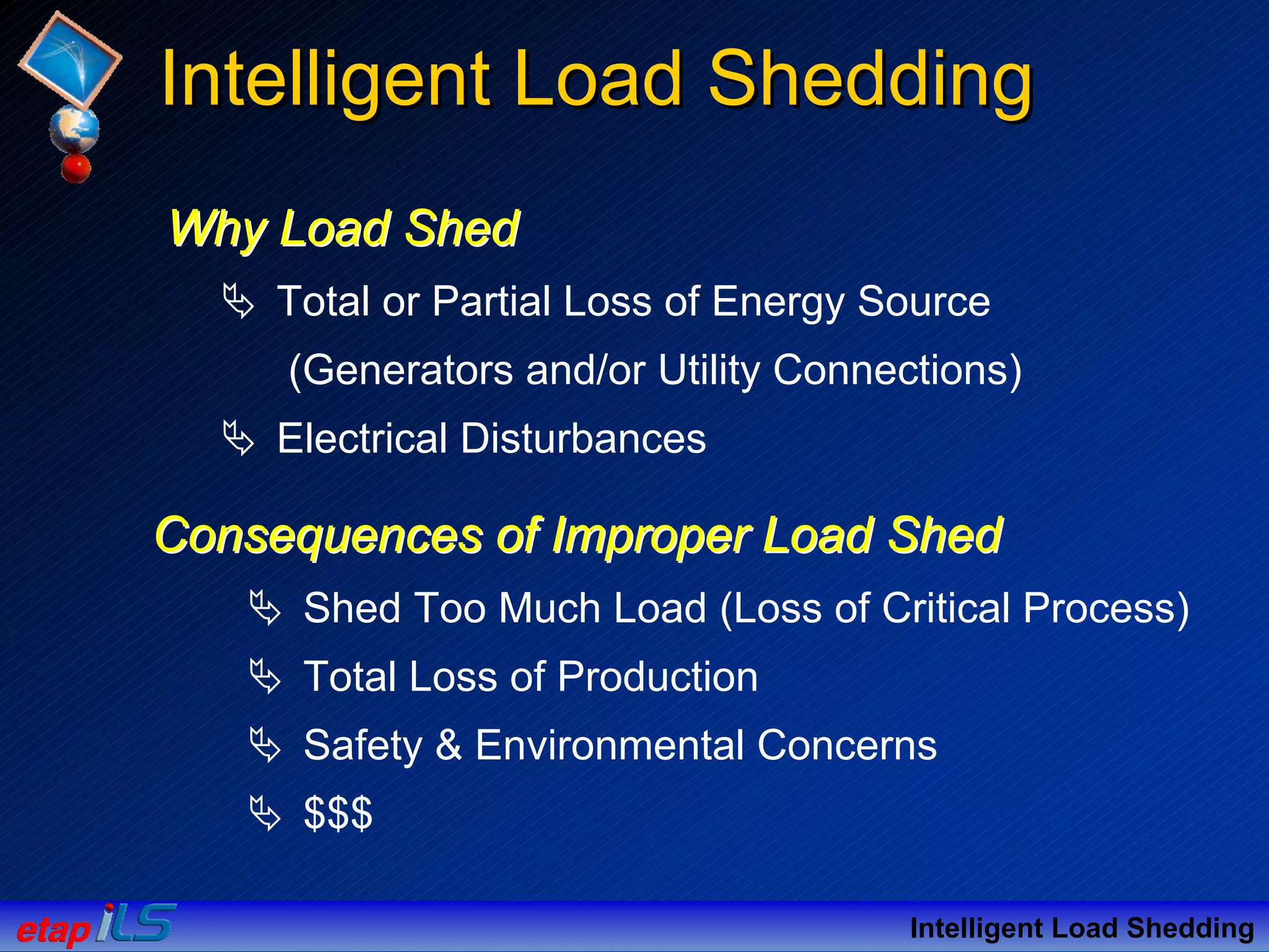 Why Load ShedWhy Load Shed
Total or Partial Loss of Energy Source
(Generators and/or Utility Connections)
Electrical Disturbances
Intelligent Load Shedding
Intelligent Load SheddingIntelligent Load Shedding
Consequences of Improper Load ShedConsequences of Improper Load Shed
Shed Too Much Load (Loss of Critical Process)
Total Loss of Production
Safety & Environmental Concerns
$$$
 
