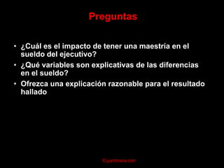 Detalles del modeloY = A + B X1 + C X2 + D X3 +…+ errorSe asume relación lineal Los términos A, B, C y los demás se interpretan como contribuciones marginales a la variación de YUna herramienta útil es la matriz de correlacionesIdealmente X1, X2, X3 y las demás variables explicativas son independientes entre síProblema potencial es la multicolinealidad