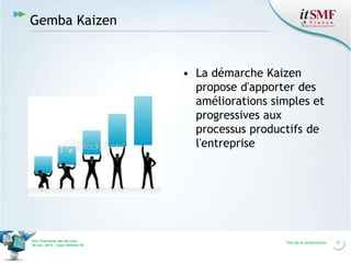 Gemba Kaizen

• La démarche Kaizen
propose d'apporter des
améliorations simples et
progressives aux
processus productifs de
l'entreprise

Vers l’harmonie des Services
26 nov. 2013 – Cœur Défense 92

Titre de la présentation

31

 