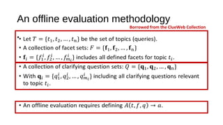 An offline evaluation methodology
&bull; Let be the set of topics (queries).
&bull; A collection of facet sets:
&bull; includes all defined facets for topic .
&bull; A collection of clarifying question sets:
&bull; With including all clarifying questions relevant to topic .
&bull; An offline evaluation requires defining .
&bull;
Borrowed from the ClueWeb Collection
 