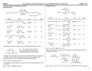 CH3
CHO
(PhO)2P
OEt
O
O
CH3
CHO
CHO
CHO
CH3
CHO
CH3
CH3 CHO
TBSO
CH3
CO2Et
CO2Et
CO2Et
CH3
CH3
CO2Et
CH3
TBSO CO2Et
NaH
NaH
NaH
Me3NBuOH
Me3NBuOH
CH3
CO2Et
NaH, THF
–78 ! –10 °C
100%, Z : E = 90 : 10
aldehyde product base Z : E yield, %
89 : 11
91 : 9
93 : 7
94 : 6
97 : 3
97
98
98
100
78
CHO
RCHO
R'
R
CO2Et
base, THF
CHO
CH3 CHO
OCH2Ph
n-Pr
CHO
CH3
n-Bu CHO
Ph
Ph
Ph
Ph
Ar
Me
Me
n-Bu
n-Bu
i-Pr
i-Pr
n-Bu
CO2Et
CH3
CO2Et
n-Bu
CH3
n-Bu
CO2Et
CH3
n-Pr
CO2Et
CH3
PhCH2O CO2Et
CH3
CH3
n-C7H15
CO2Et
CH3
CH3
NaH
t-BuOK
Me3NBuOH
NaH
NaH–LiBr
NaH
Z : E yield, %
89 : 11
97 : 3
97
o-i-PrPh
o-MePh
96 : 4
95 : 5
91
85
n-C7H15CHO 91 : 9
98 : 2
75
65
aldehyde product base
100
(ArO)2P
OEt
O
O
(PhO)2P
OEt
O
O
(ArO)2P
OEt
O
O
CHO
CH3
CH3
NHSO2Ar
CH3
CH3
ArSO2N CO2Et
H
(Z)-Selective Olefination – (Diarylphosphono)acetates:
Disubstituted olefins:
• (Z)-Selectivity was further enhanced using ortho-alkyl substituted (diarylphosphono)acetates:
Ar = o-MePh, o-EtPh, o-i-PrPh
• 93 : 7 – 99 : 1 (Z)-selectivity, 92–100% yield.
• Aryl, ",#-unsaturated, alkyl, branched alkyl, and
"-oxygenated aldehydes are suitable substrates.
Ando, K. J. Org. Chem. 1997, 62, 1934–1939.
In analogy to Still's (Z)-selective HWE reaction employing [bis(trifluoroethyl)phosphono]acetates, (Z)-
selectivity is attributed to the electron-withdrawing nature of the aryloxy substituent, which
accelerates elimination relative to equilibration of oxaphosphatane intermediates.
Trisubstituted olefins:
1. NaI, DBU, THF, 0 °C
2.
–78 ! 0 °C
• no racemization
Ar = 2,4,6-trimethylphenyl
For (diphenylphosphono)acetate esters, (Z)-selectivity increases with increasing steric bulk of the
ester moiety.
Ando, K. J. Org. Chem. 1999, 64, 8406–8408.
Masamune and Roush's mild conditions have been adapted for (Z)-selective olefin synthesis using
(diarylphosphono)acetates:
Ando, K.; Oishi, T.; Hirama, M.; Ohno, H.; Ibuka, T. J. Org. Chem. 2000, 65, 4745–4749.
Ando, K. J. Org. Chem. 1998, 63, 8411–8416.
Kent Barbay
89%, 87 : 13 Z : E
R'
Chem 115
Myers Stereoselective Olefination Reactions: Horner-Wadsworth-Emmons Olefination
•
•
•
R'
10
 