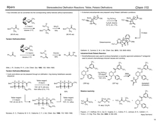 Chem 115
Myers
O
BnO
BnO
H H
O
O
O
CH3
H
H H H
CH3
O
BnO
BnO
H H
O
H
H H H
O
BnO
BnO
H H
O
O
CH2
CH3
H
H H H
CH3
Tebbe reagent
(4 equiv)
THF, 25 oC (20 min)
then reflux (5 h), 71%
O CH3
Tebbe reagent
(1.3 equiv)
THF, 20 min 25 oC
Tebbe reagent
(2.0 equiv)
THF, 3 h, reflux
77%
65%
Nicolaou, K. C.; Postema, M. H. D.; Claiborne, C. F. J. Am. Chem. Soc. 1996, 118, 1565–1566.
Tandem Olefination/Metathesis:
Tandem Olefination/Aldol:
Cl
O
Ph
Ti
CH3
CH3
Stille, J. R.; Grubbs, R. H. J. Am. Chem. Soc. 1983, 105, 1664–1665.
(1.2 equiv)
Ph
O
Cp2Ti PhCHO
Ph
O
Ph
OH
Cl
69%
toluene, 0 oC
N
O O
O
CF3
CF3
Ph F
Cp2Ti(CH3)2
(2.9 equiv)
THF, 91%
N
O O
CF3
CF3
Ph F
(227 kg)
(250 kg)
Industrial-Scale Petasis Reaction:
Payack, J. F.; Huffman, M. A.; Cai, D.; Hughes, D. L.; Collins, P. C.; Johnson, B. K.; Cottrell, I. F.;
Tuma, L. D. Org. Proc. Res. Dev. 2004, 8, 256–259.
OCH3
O
H3C O
O
R
CH3
H3C
R: alkyl, CH2Ph
O
O
H3C
CH3
CH3
CH3
< < <
H3C
CH3
H3C
N
O O
O
CF3
CF3
Ph F
Relative reactivity:
BnO
O
Cl
CH3
Ti
CH3
CH3
(1.2 equiv)
BnO
CH3
O
Cp2Ti
Cl
O
HN O
BocO
H3C
H O
HN
BocO
H3C
H
Cp2Ti(CH3)2
C5H5N, toluene
70 oC, 8 h, 77%
Diethelm, S.; Carreira, E. M. J. Am. Chem. Soc. 2013, 135, 8500–8503.
O
N
H
HO H
O
H3C
N
O
OMe
H
Gelsemoxonine
14 steps
OEt
O
77%
O
OEt
Acyl chlorides can be converted into the corresponding methyl ketones without epimerization.
NH4Cl
BnO
CH3
O
CH3
toluene, 0 oC 76%
Stereoselective Olefination Reactions: Tebbe, Petasis Olefinations
Alpay Dermenci
•
(90.4% ee) (90.4% ee)
Cyclic enol ethers can be prepared through an olefination, ring-closing metathesis cascade
sequence:
•
A strained enecarbamate was prepared using Petasis' olefination conditions:
•
N
O O
H3C
CF3
CF3
F
H
N
HN
N
O
steps
Aprepitant
(Emend!)
Dimethyltitanocene was used to produce Aprepitant, a recently approved substance P antagonist
used to prevent chemotherapy-induced nausea and vomiting:
•
18
 