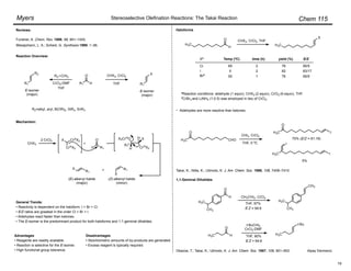 Chem 115
Stereoselective Olefination Reactions: The Takai Reaction
Myers
2 CrCl2
CHX3
CrIIIX2
CrIIIX2
X X2CrIIIO
H
R1
CrIIIX2
X
H
H R1
O
+
X
R1
(E)-alkenyl halide
(major)
X
R1
+
(Z)-alkenyl halide
(minor)
H3C
O
CHO
CHI3, CrCl2
H3C
O
I
75% (E/Z = 81:19)
H3C I
I
5%
Takai, K.; Nitta, K.; Utimoto, K. J. Am. Chem. Soc. 1986, 108, 7408–7410.
Advantages
• Reagents are readily available.
• Reaction is selective for the E-isomer.
• High functional group tolerance.
Disadvantages
• Stoichiometric amounts of by-products are generated.
• Excess reagent is typically required.
Mechanism:
General Trends:
• Reactivity is dependent on the haloform: I > Br > Cl.
• E/Z ratios are greatest in the order Cl > Br > I.
• Aldehydes react faster than ketones.
• The E-isomer is the predominant product for both haloforms and 1,1-geminal dihalides.
R1 H
O
Reviews:
Reaction Overview:
CHX3, CrCl2
THF
R2 CHI2
R1
X
E-isomer
(major)
CrCl2-DMF
THF
R1
R2
R2=alkyl, aryl, B(OR)2, SiR3, SnR3
E-isomer
(major)
Okazoe, T.; Takai, K.; Utimoto, K. J. Am. Chem. Soc. 1987, 109, 951–953.
H3C
H
O CHX3, CrCl2, THF
H3C
X
Xa Temp (ºC) time (h) yield (%) E/Z
Cl
I
Brb
65
0
50
2
2
1
76
82
76
95/5
83/17
95/5
aReaction conditions: aldehyde (1 equiv), CHX3 (2 equiv), CrCl2 (6 equiv), THF.
bCrBr3 and LiAlH4 (1:0.5) was employed in lieu of CrCl2.
Haloforms
O
CH3
H3C
CH3CHI2, CrCl2
CH3
H3C
CH3
O
H3C
t-BuCHI2
CrCl2-DMF
H3C
t-Bu
1,1-Geminal Dihalides
Furstner, A. Chem. Rev. 1999, 99, 991–1045.
Wessjohann, L. A.; Scheid, G. Synthesis 1999, 1–36.
Alpay Dermenci
H
H
THF, 0 oC
Aldehydes are more reactive than ketones:
•
THF, 97%
E:Z = 94:6
THF, 90%
E:Z = 94:6
19
 