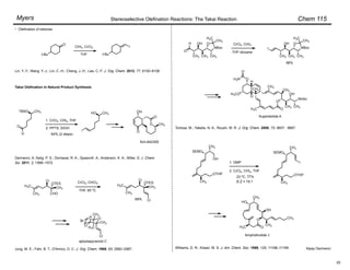 Chem 115
Myers
Lin, Y.-Y.; Wang, Y.-J.; Lin, C.-H.; Cheng, J.-H.; Lee, C.-F. J. Org. Chem. 2012, 77, 6100–6106
O
t-Bu
CHI3, CrCl2
t-Bu
I
Tortosa, M.; Yakelis, N. A.; Roush, W. R. J. Org. Chem. 2008, 73, 9657 - 9667.
O
CH3
OH
CH3
NBoc
O
CH3
H3C
CH3
CrCl2, CHI3
THF-dioxane
CH3
OH
CH3
NBoc
O
CH3
H3C
CH3
I
H3CO
O
O
H2N
H3C
O
O
CH3
CH3
H
H
CH3
OH
CH3
NHAc
CH3
Superstolide A
Takai Olefination in Natural Product Synthesis
96%
Amphidinolide J
Williams, D. R.; Kissel, W. S. J. Am. Chem. Soc. 1998, 120, 11198–11199.
OH
OTHP
CH3
SEMO
CH3
1. DMP
OTHP
CH3
SEMO
CH3
I
H3C
CH3 CHO
CH3
OTES
Cl CrCl2, CHCl3
THF, 65 ºC
H3C
CH3
CH3
OTES
Cl
Cl
69%
O
Cl
CH3
CH3
H3C
Cl
Br
H
aplysiapyranoid C
Dermenci, A; Selig, P. S.; Domaoal, R. A.; SpasovK. A.; Anderson, K. A.; Miller, S. J. Chem.
Sci. 2011, 2, 1568–1572.
CH3
TBSO
O
1. CrCl2, CHI3, THF
CH3
HO
I
64% (2 steps)
O
O
CH3
OH
O
Sch-642305
Jung, M. E.; Fahr, B. T.; D'Amico, D. C. J. Org. Chem. 1998, 63, 2982–2987.
Stereoselective Olefination Reactions: The Takai Reaction
Alpay Dermenci
Olefination of ketones:
•
THF
H
2. PPTS, EtOH
H
2. CrCl2, CHI3, THF
23 ºC, 77%
E:Z = 19:1
O
HO
CH3
OH
O
H3C
CH3
CH3
20
 